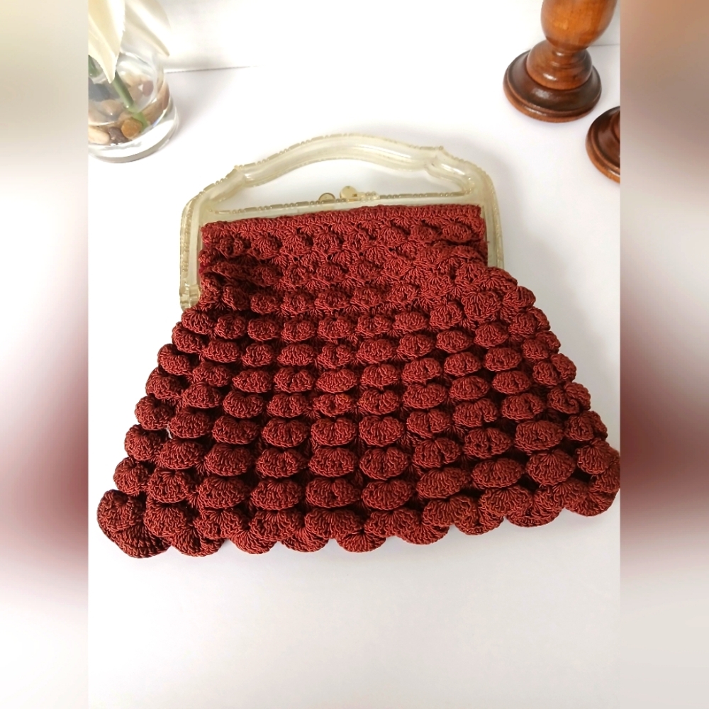 Vintage Crocheted Hand Bag with Popcorn Stitch and Plastic Handles 1940s